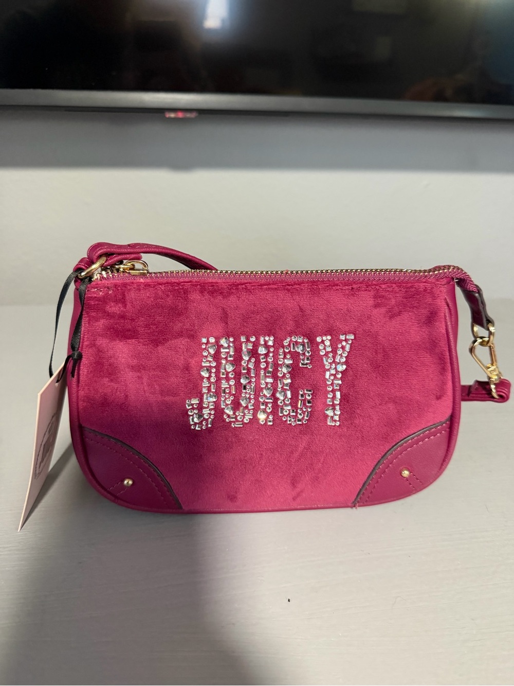 Juicy couture pink velour rhinestone small handbag clutch wristlet new